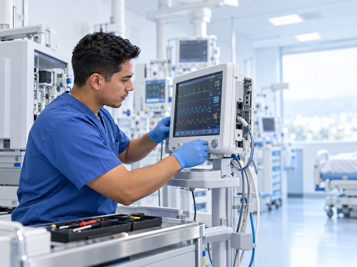 Técnico biomédico realizando mantenimiento a un equipo médico